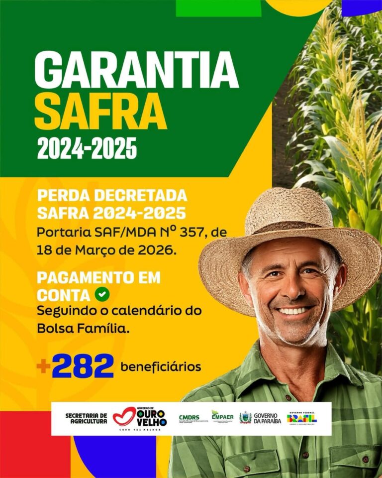Garantia-Safra: 282 agricultores de Ouro Velho vão receber R$ 1.200